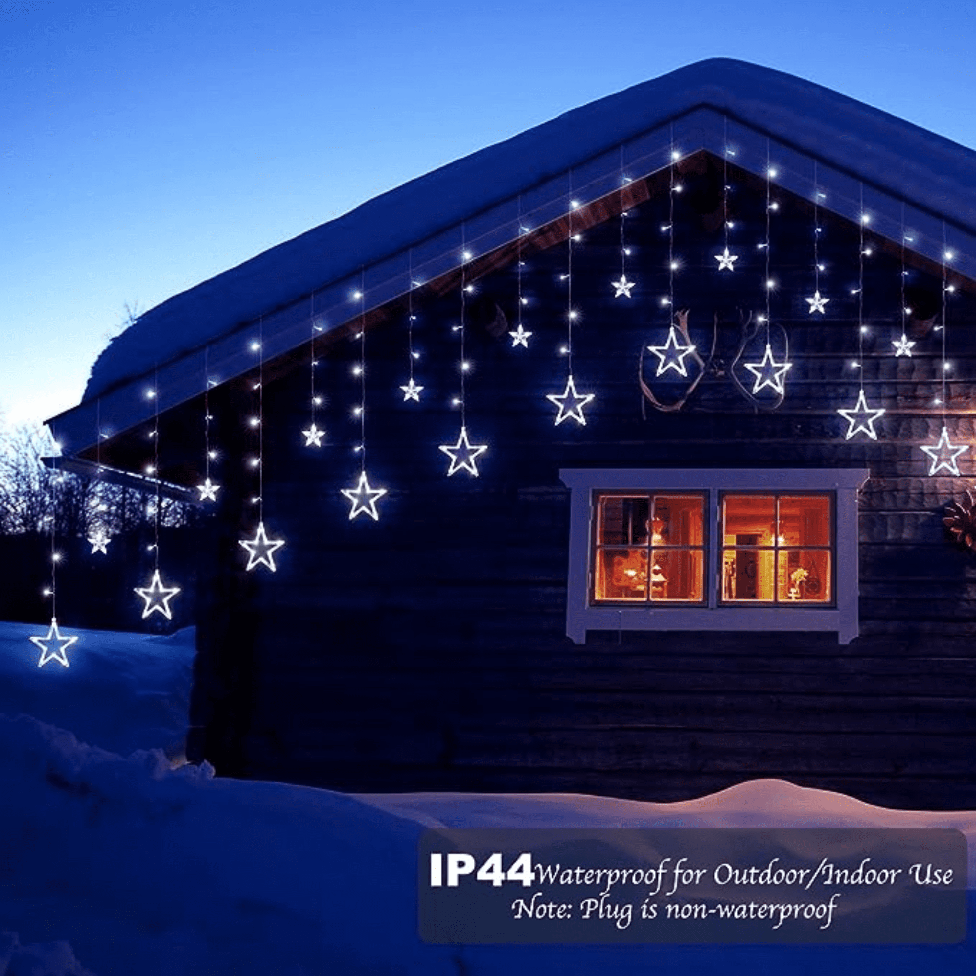 Elegani 138 LED Star Curtain Light – White Hanging String Lights with 12 Stars, 8 Lighting Modes