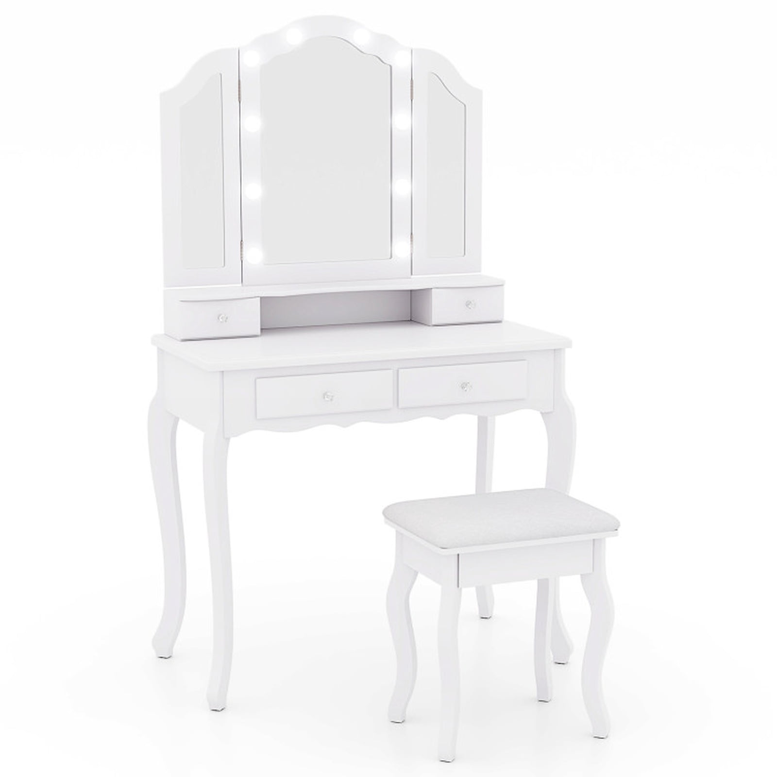 Furnibear Makeup Vanity Table Set with Lighted Mirror and Drawers for Bedroom Makeup Dressing Room Vanity Desk Mirror Set, White