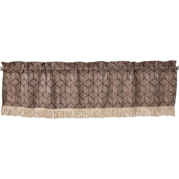 Violet Linen Fortune 3D Geometric Pattern, Polyester Jacquard, with Fringes, Brown, 60 Inch x 18 Inch, Decorative Window Treatment Rod Pocket Curtain Valance