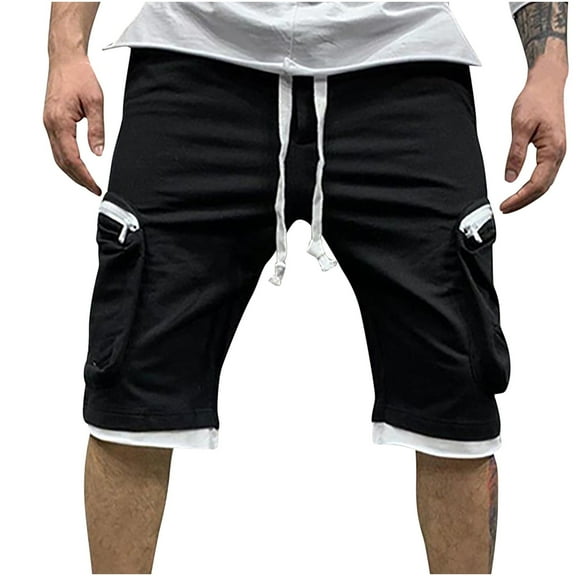HOOMEUMY Men's Summer Shorts Drawstring Elastic Waist Multi-Pockets Solid Color Straight Fit Shorts Bermuda Beachwear Black 10