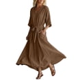 thumbnail image 2 of Uscallm Women Plus Size V Neck 3/4 Sleeve Tie Flowy Boho Maxi Dress Casual Basic Long Travel Dresses, Brown M, 2 of 6