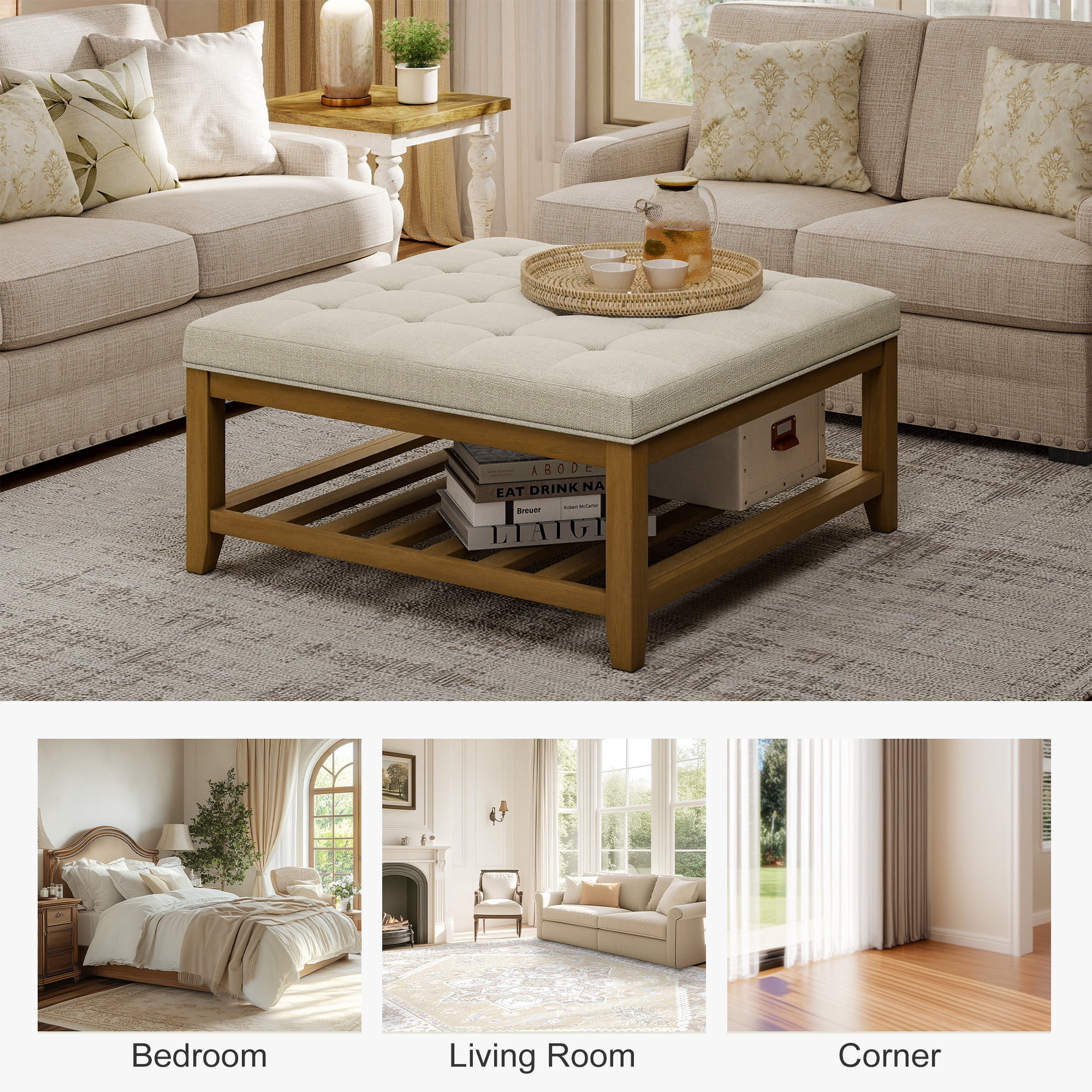 Square Upholstered Ottoman Coffee Table with Storage Shelf, Linen Fabric, Tufted Top, 31.9"x31.9", Ivory