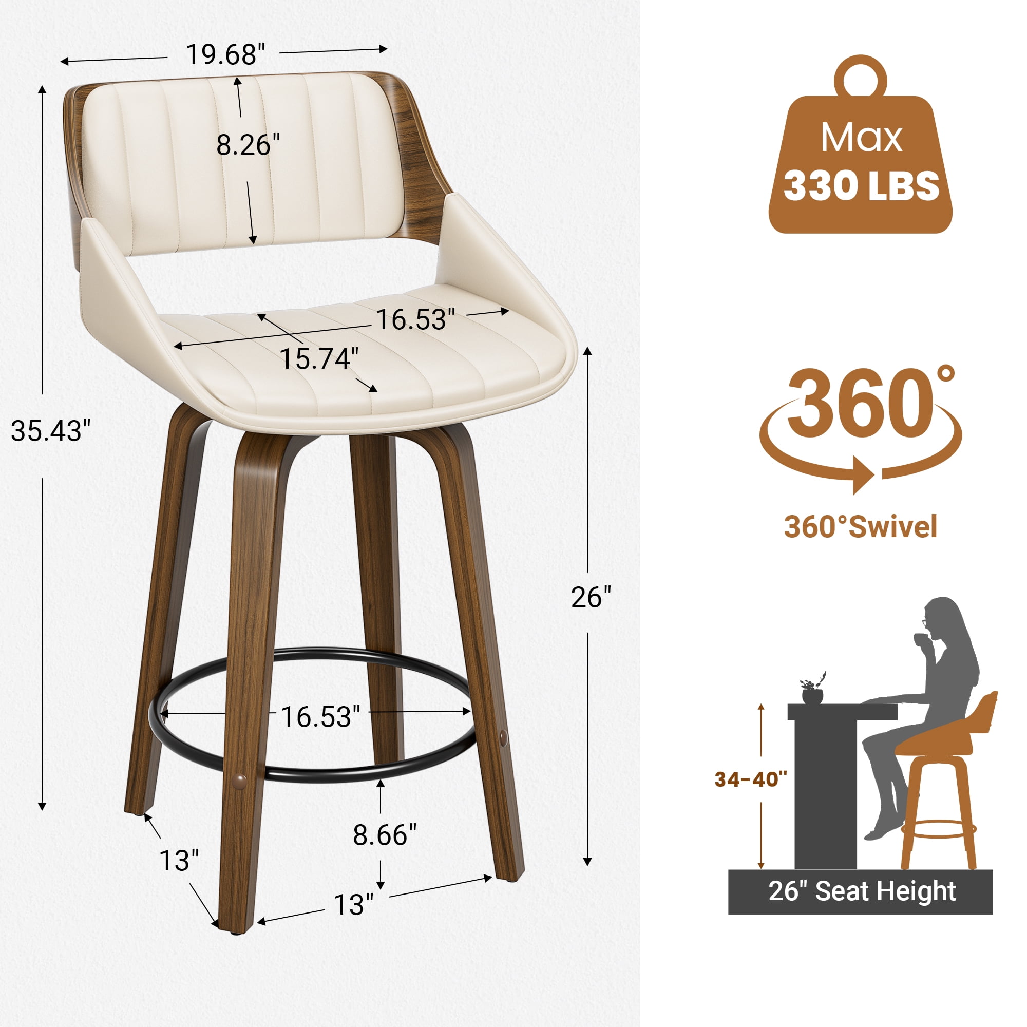 LainTene 26" Swivel Counter Height Bar Stool with Walnut Bentwood Frame, Faux Leather Seat & Footrest, Mid-Century Modern Chair for Kitchen Island, Bar, or Café (Set of 4)
