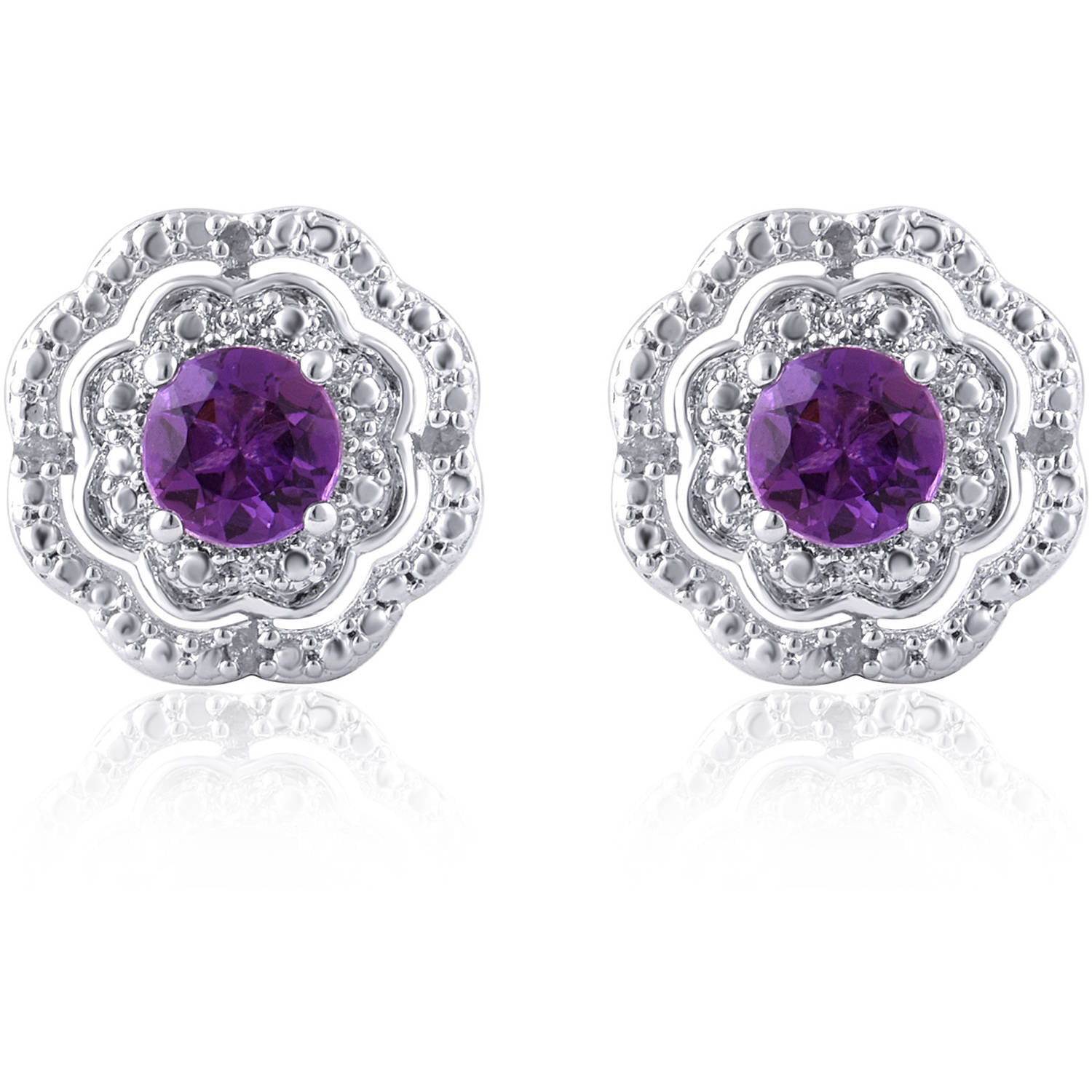 Arista Created Amethyst and Diamond Accent Flower Halo Frame Stud Earrings in Silver Tone Brass