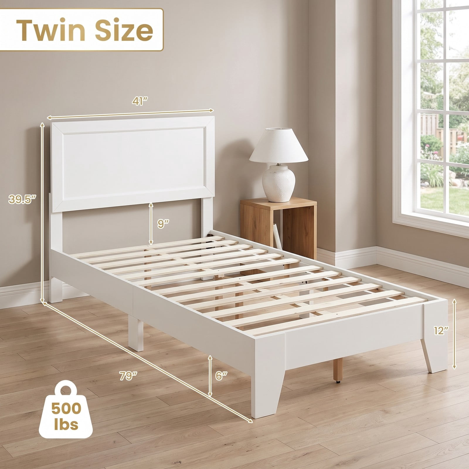 Furnibear Twin Bed Frame Wood Platform Bed with Paneled Headboard, No Box Spring Needed Wooden Platform Bed for Small Rooms, White
