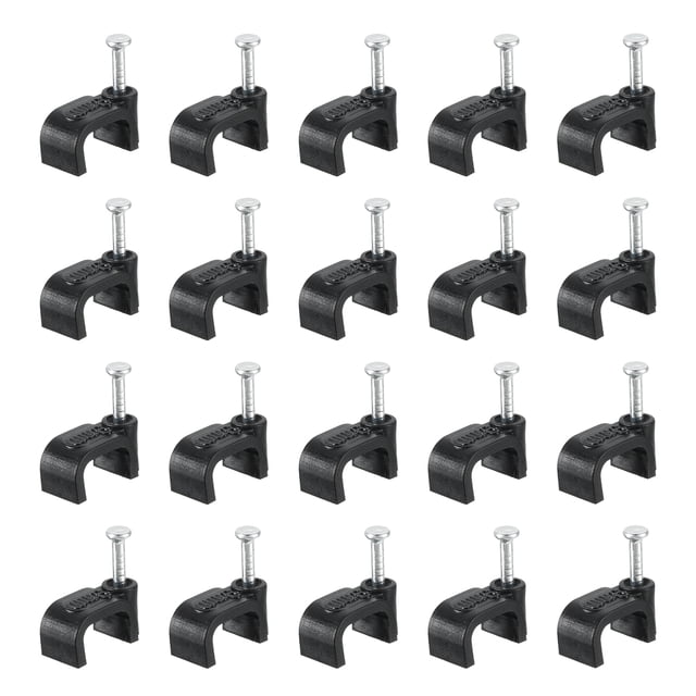 Unique Bargains Cable Clips with Steel Nail, 100-pack of 9mm (0.35-inch) plastic cable wire clips in black. Made of durable PE plastic and carbon steel nails, these clips are corrosion-resistant and sturdy. Suitable for managing electrical wires, Ethernet cables, and power cords in home or office settings. Designed for use on wood, plaster, or brick surfaces, both indoors and outdoors. Each clip measures 13.8x6.8x7mm (0.54x0.27x0.28 inches) with a nail length of 17mm (0.67 inches).