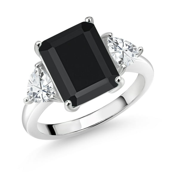 Gem Stone King 925 Sterling Silver Black Onyx 3 Stone Ring for Women (7.31 Cttw, Octagon 12X10MM, Trillion 5X5MM, Gemstone December Birthstone, Size 7)