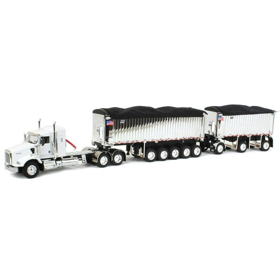 First Gear 1/64 White/Chrome Kenworth T800 w/ Chrome East Genesis II End Dump Trailers, DCP, 60-1571