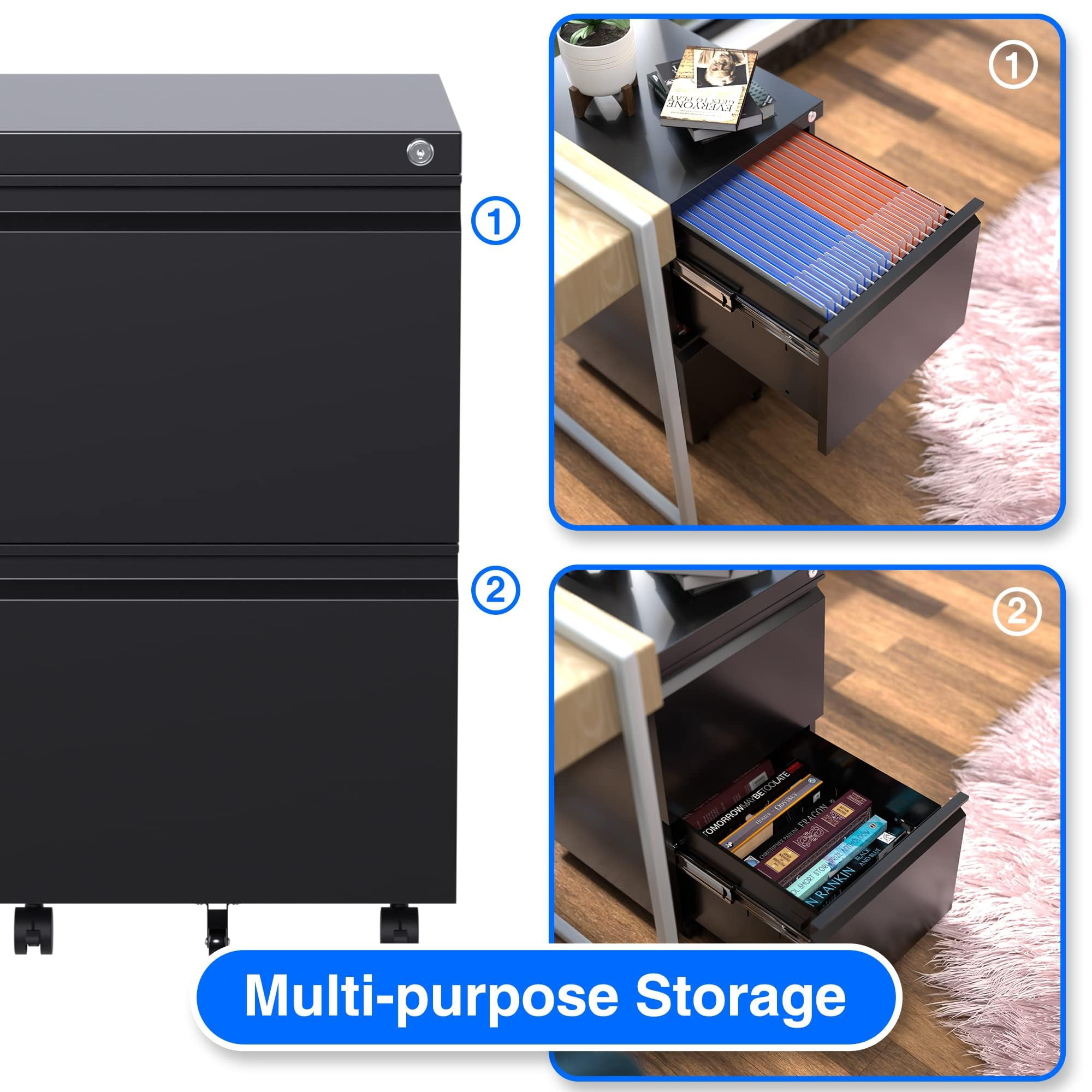 Gaeanet 2 Drawer File Cabinet, Lockable Metal Filing Cabinet with Wheels for Home Office, Legal/Letter Size, Black,Fully Assembled Except Wheels