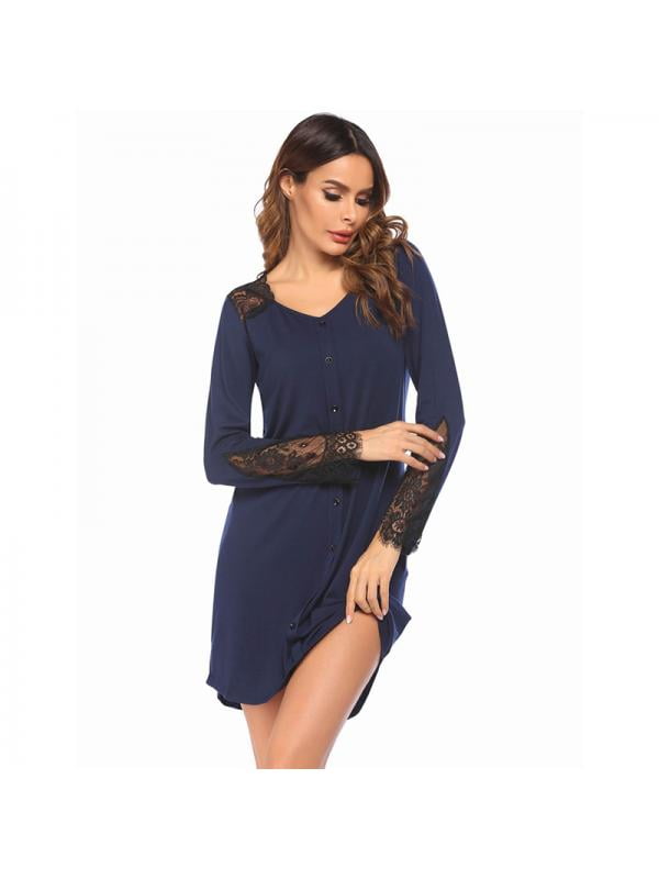 Details about   Ekouaer Nightgown Womens Striped Nightshirt Short Sleeve Sleepwear Top Button Do
