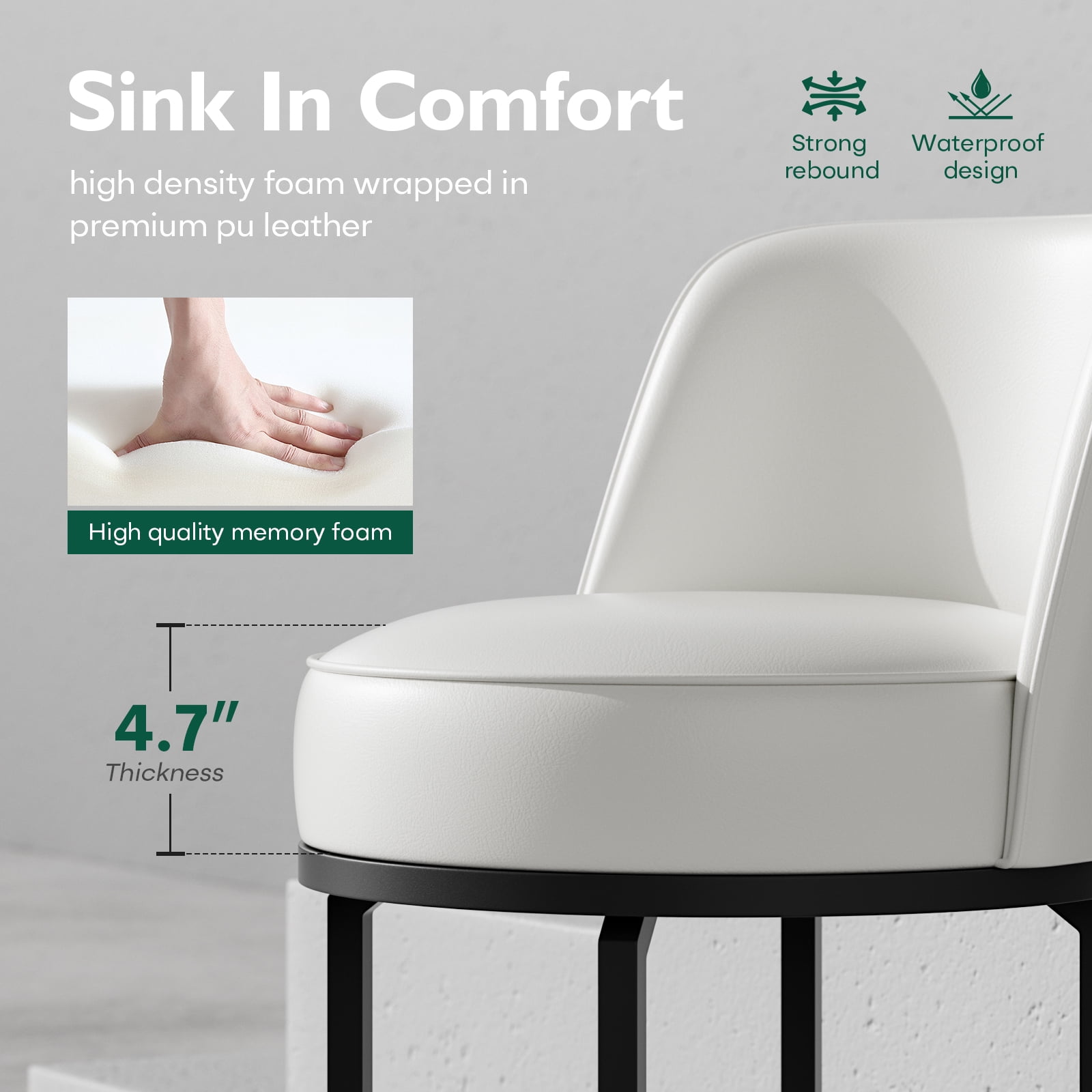 Genpo Bar Stools Set of 6, 26 inch Counter Height Bar Stools, Swivel White Leather Barstools with Backs, Round Base, Footrest, Metal Legs for Kitchen Island