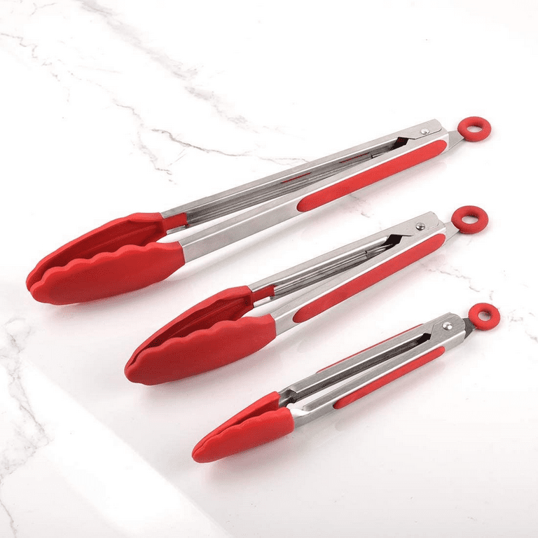 RED Kitchen Tongs for Cooking with Silicone Tips Stainless Steel