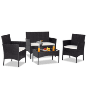 4PCS Outdoor Patio Bistro Furniture Set, All-Weather Rattan Chair Set, Conversation Furniture Sets, Cushioned Seat & Glass Table, Bistro Table Set for Porch Garden Poolside Balcony, T1631
