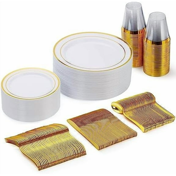 150 Pieces Gold Disposable Plates for 25 Guests, Plastic Party, Wedding, Dinnerware Set of Dinner Plates, Salad Spoons, Forks, Knives, Cups