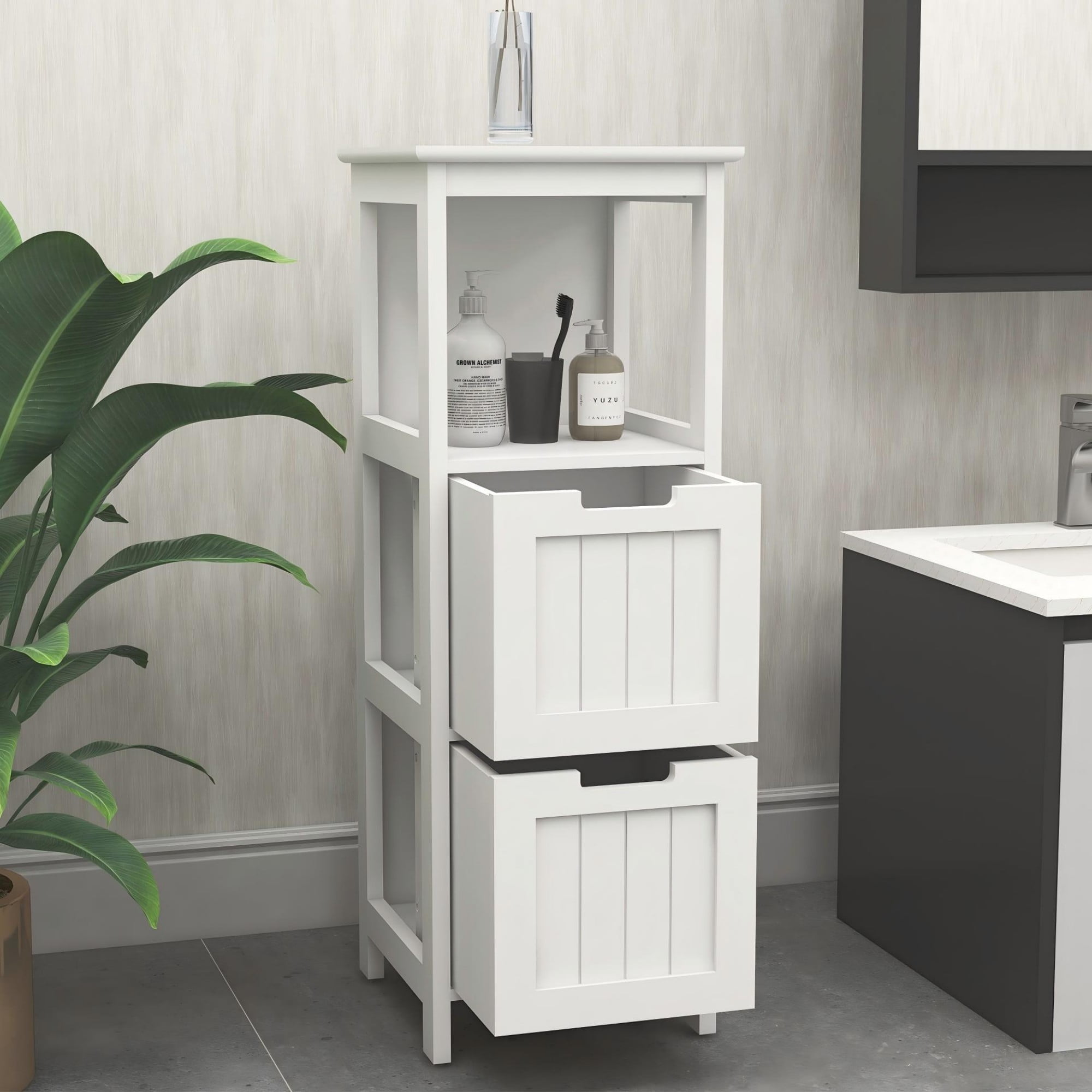 Bathroom Storage Freestanding Wood Storage Organizer Cabinet with 2 Drawers and 1 Storage Shelf, White
