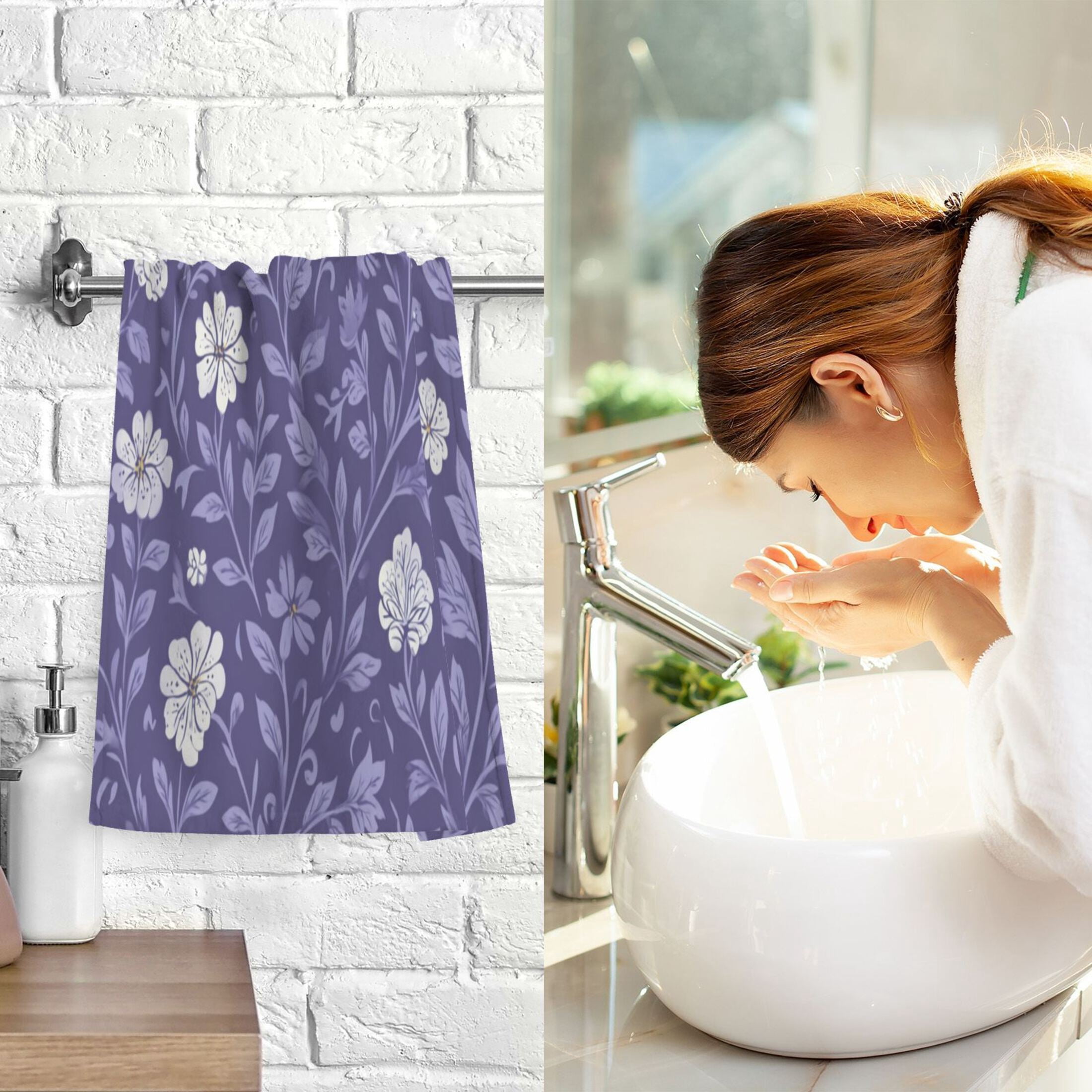 2 Pieces of Cotton Towel Face Towel Set Hand Towel Bath Towel Cotton Bath Towel Sets Dark Purple Leaves and Flowers