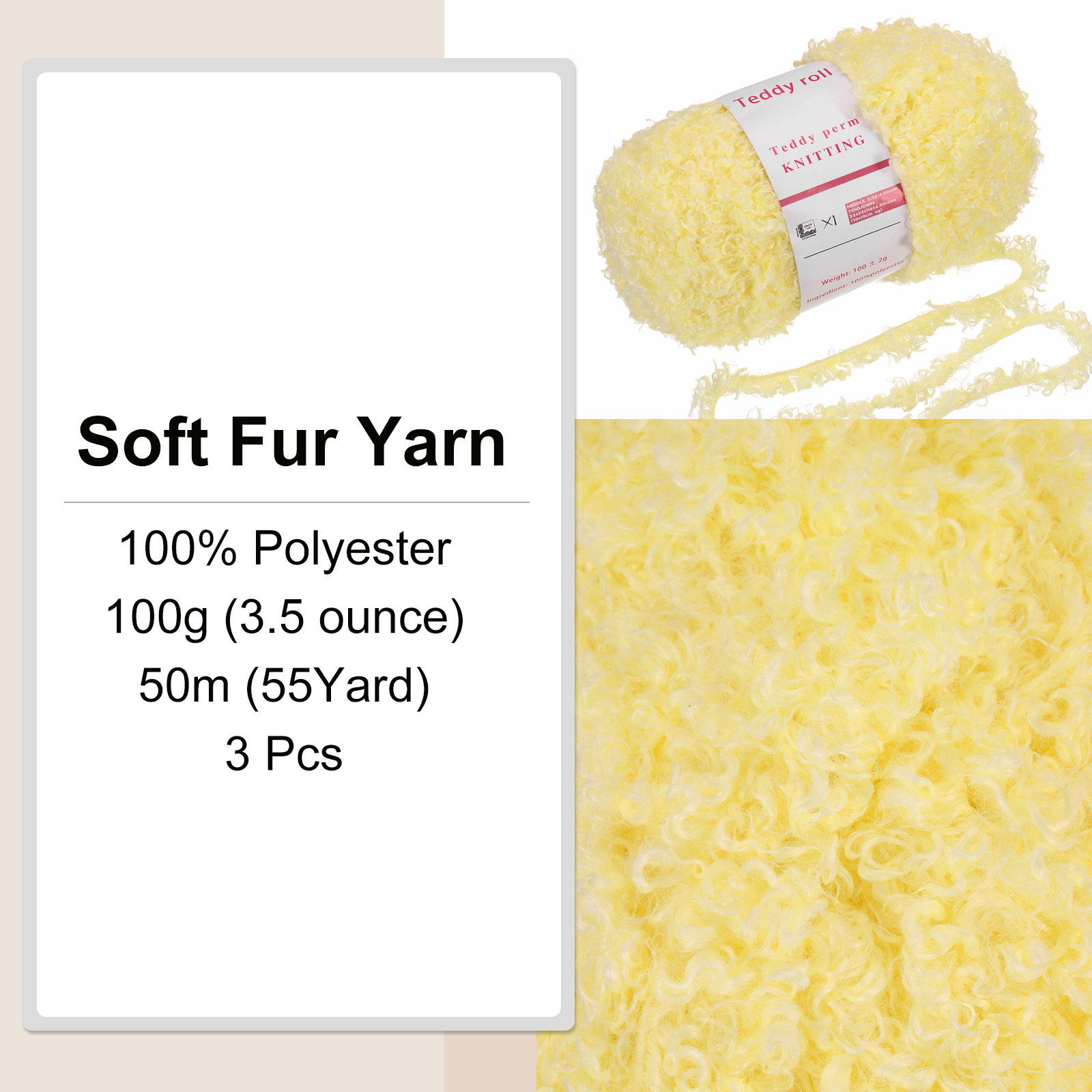 3 Skeins Eyelash Yarn Polyester Yarn Fur Soft Fluffy Chunky Yarn Fuzzy Eyelash Yarn Yellow for Crocheting Knit DIY Clothes Bag - 55Yard/50m, 3.53oz x 3