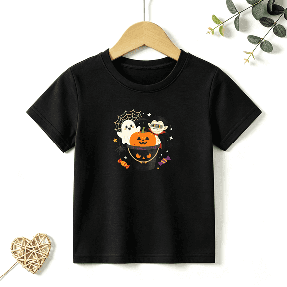 Girls Graphic Tees Pumpkin Ghost Vampire Cartoon Kids T Shirt Cute Halloween Print 100% Cotton Short Sleeve Soft Tops 4-13Y