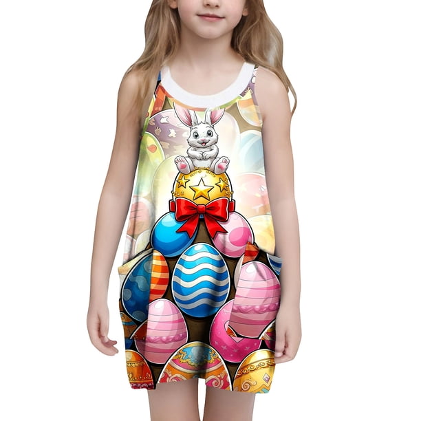 Vestido de Verano Casual Vestido sin Mangas para Niños Vestido de Pascua para Niños 3-10T