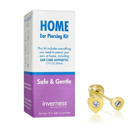 Home Ear Piercing Kit with 24k Gold-Plated Stainless Steel Heart with Crystal Earrings