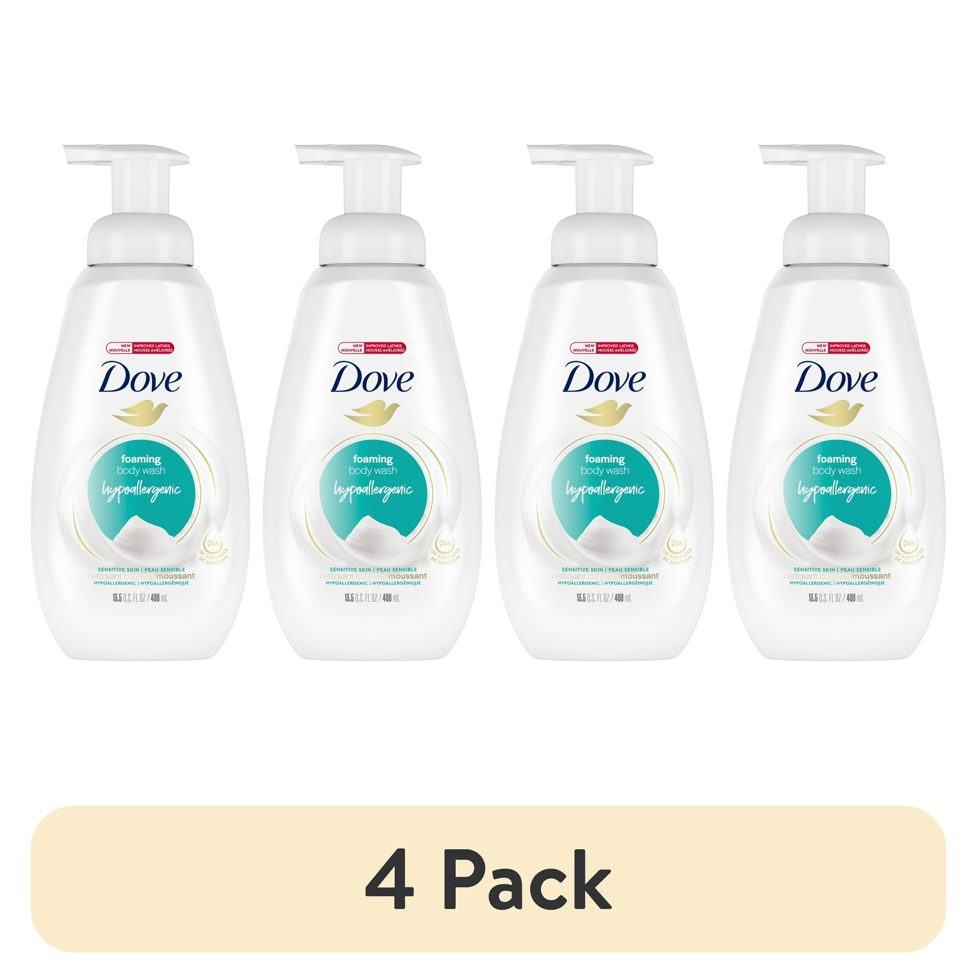 (4 pack) Dove Foaming Long Lasting Hypoallergenic Women's Body Wash for Sensitive Skin, 13.5 fl oz
