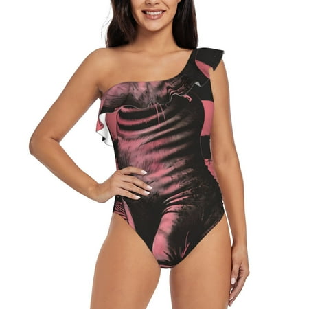 Qokaie Graphic Seal On Stripes Print Women s One Piece Swimsuits Tummy Control Bathing Suits Asymmetric One Shoulder Swimwear-XX-Large