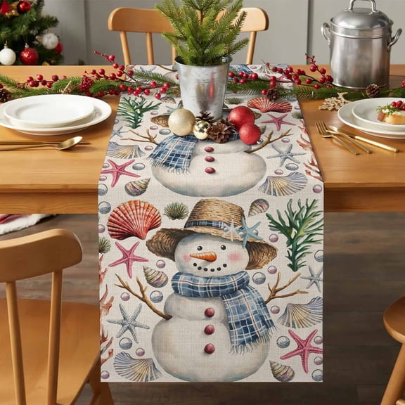 Table Runner 36 Inches Long - Christmas Snowman Ocean Coral Decorative Table Scarf, Starfish Shell Vintage Linen Dining Table Runners for Wedding Party Kitchen Dining Tables