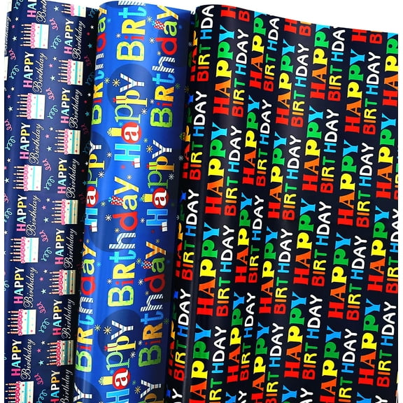 Birthday Wrapping Paper for Boys Girls Kids Men Women - 3 Styles Happy Birthday Lettering Gift Wrap Paper for Party - 6 Large Sheets, 27x37 inch