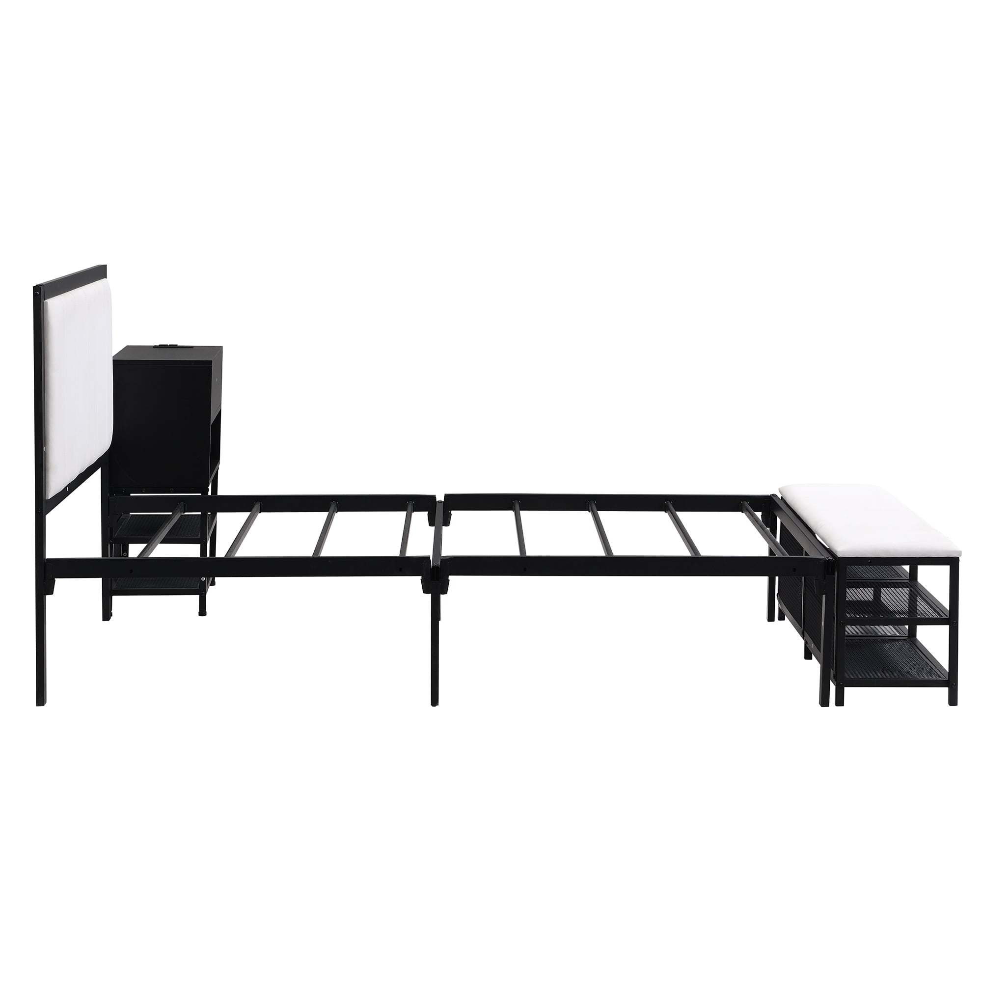 Euroco Metal Twin Size Platform Bed with Two-Tier Storage Shelves for Kids, Wood Cabinet, Black