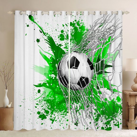 Homewish Soccer Football Print Black Out Curtains For Teens,Green Watercolor Splash Curtains Pack of 2 (42x63 Each),Sport Ball Game Bedroom Curtains,Luxury Bedroom Decor