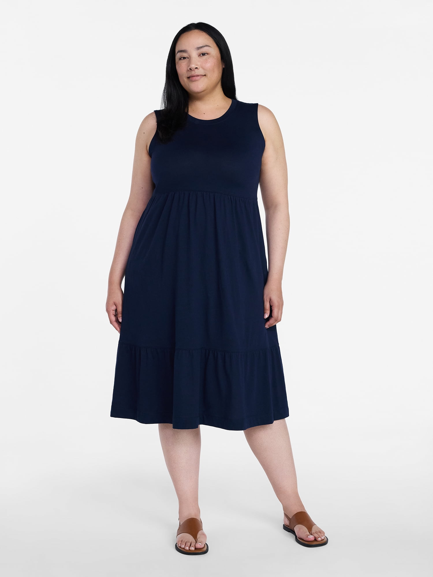 Time and Tru Women's Sleeveless Cotton Knit Tiered Midi Dress, Sizes XS-XXXL