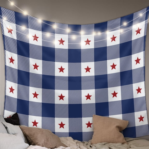 4th of July Tapestry for Bedroom Wall Hanging Tapestry, Independence Day Blue White Plaid Red Star Ceiling Backdrop Tapestries Poster Blanket Wall Decor for Teens Room Living Room Dorm 59" x 79"