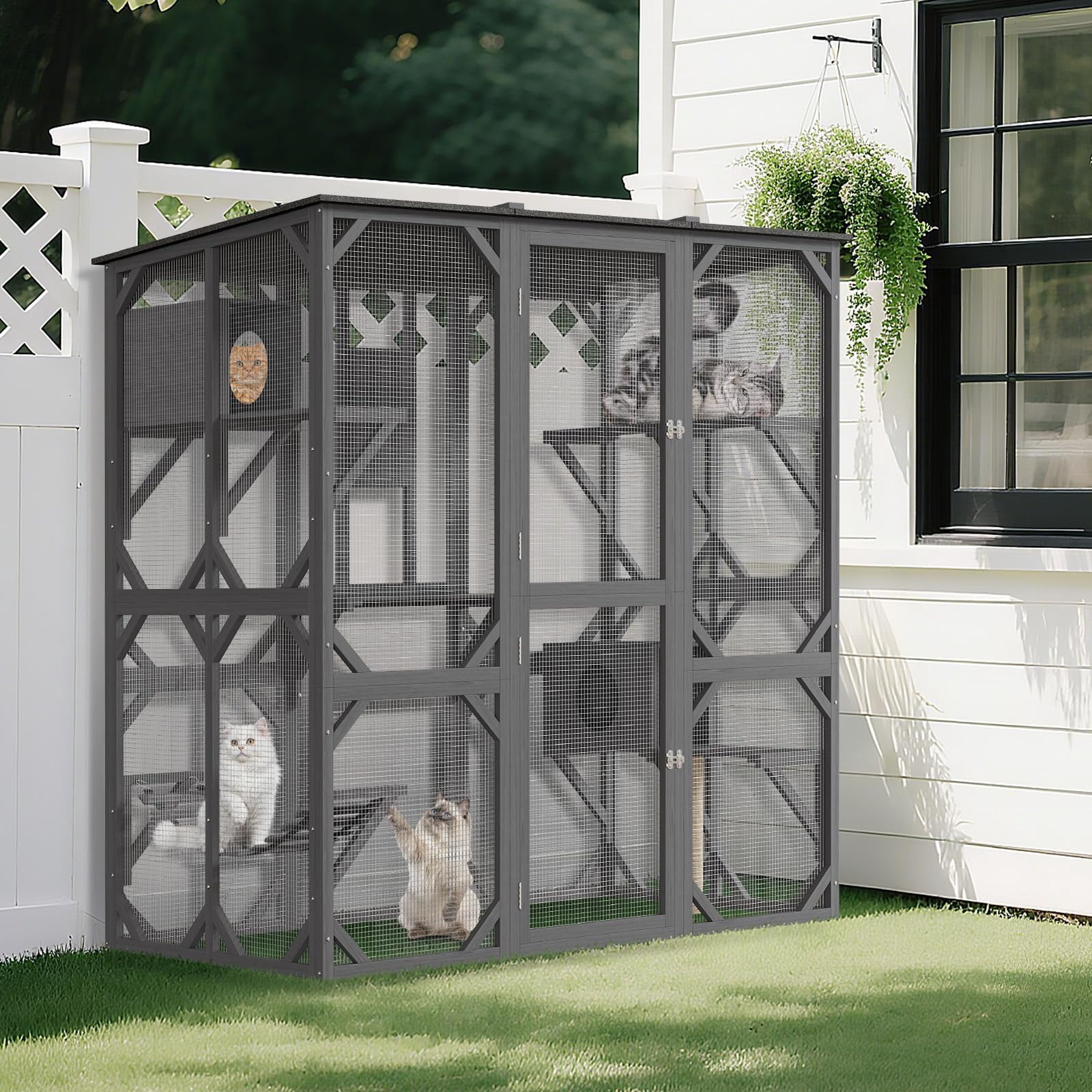 BouPower 70" Outdoor Cat Enclosure Large Cat House with Window Access, Waterproof Roof Cattery with Bridge and Scratching Post Outside Patio Cat Playpen for Mulitiple Cats, Shipped in 2 Boxes