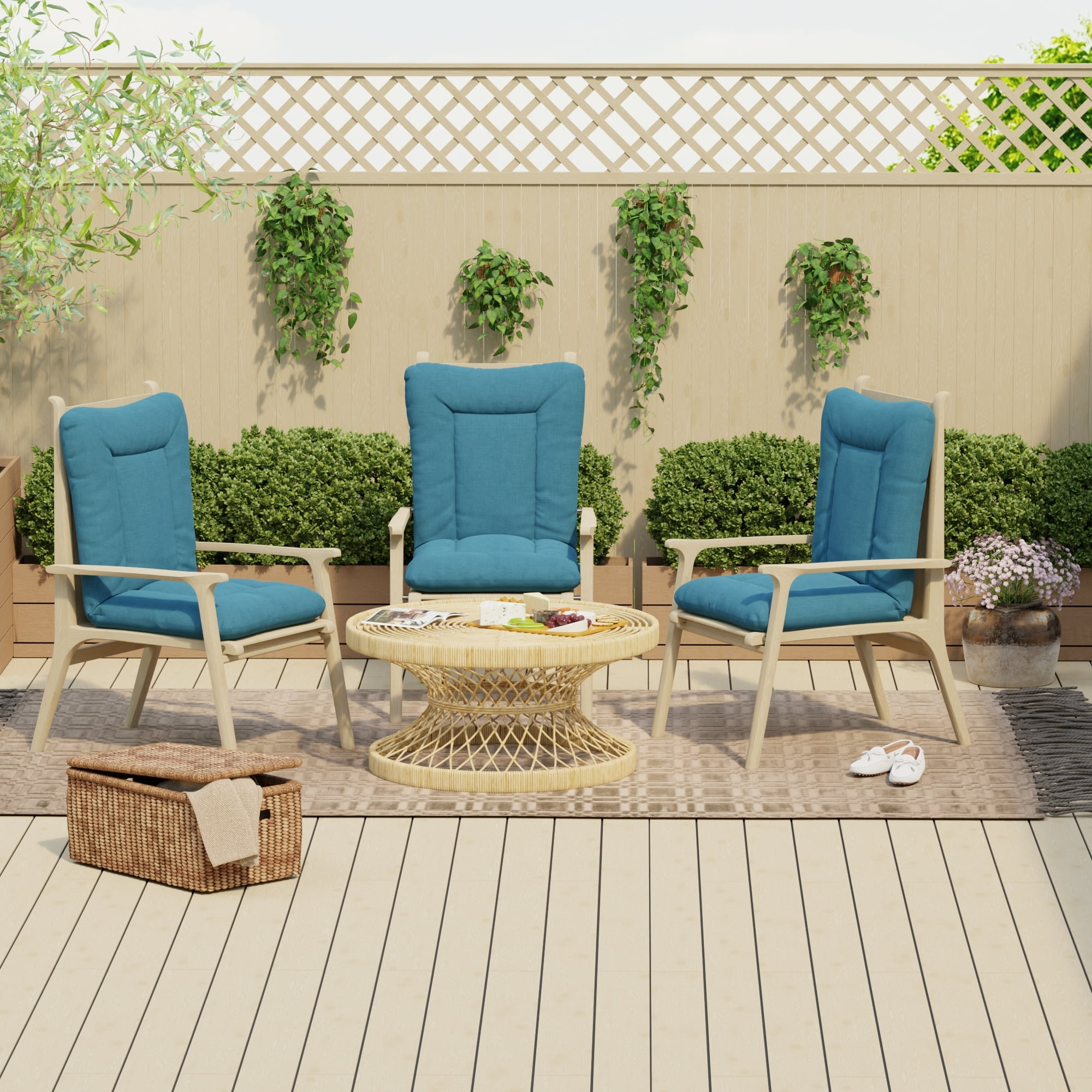 Jordan Manufacturing 38" x 21" Celosia Legion Blue Crosshatch Rectangular Outdoor Wrought Iron Chair Cushion with Ties and Hanger Loop
