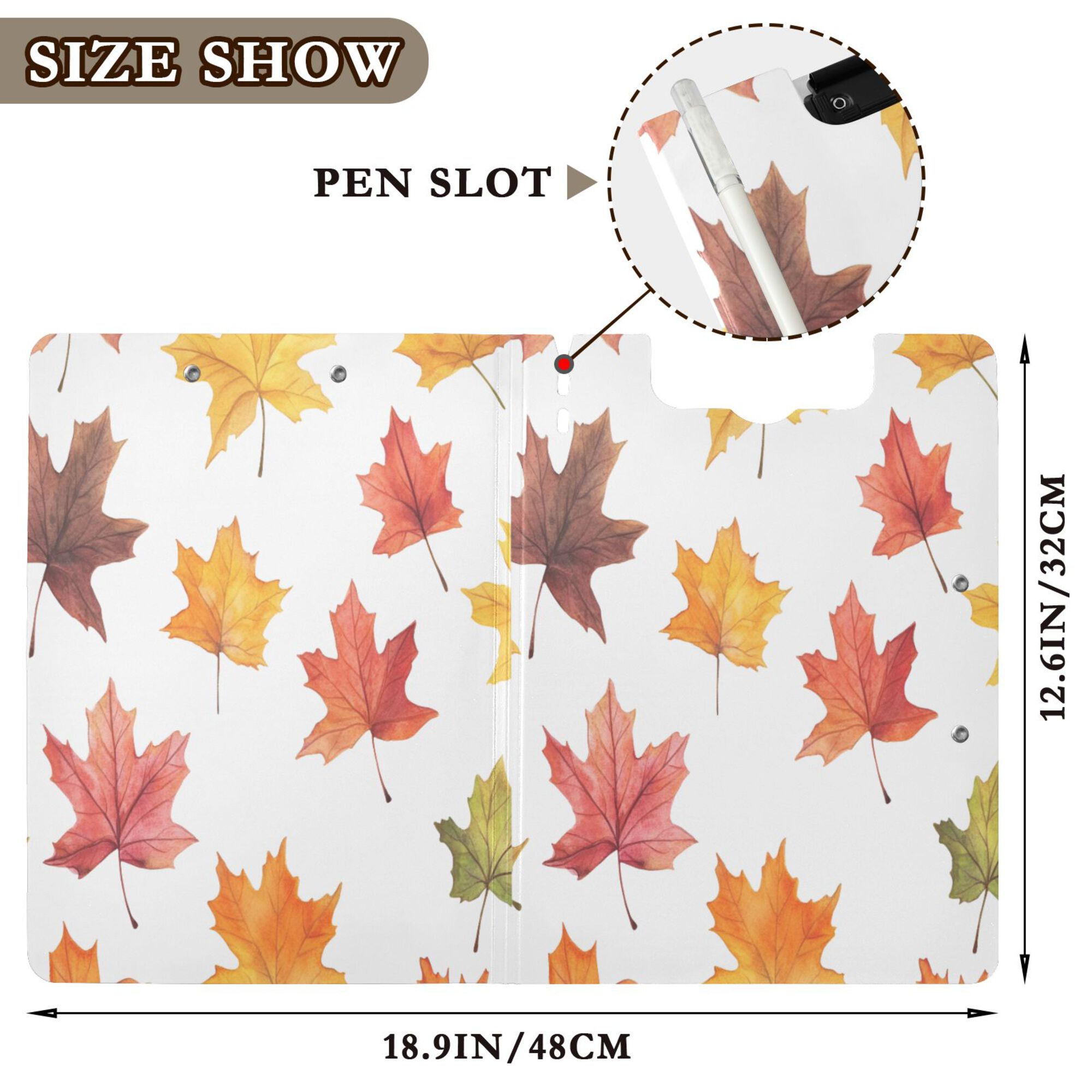 FORMRS A4 Clipboard Folder with Pen Holder Horizontal Foldable School Office Binder, White Autumn Leaves