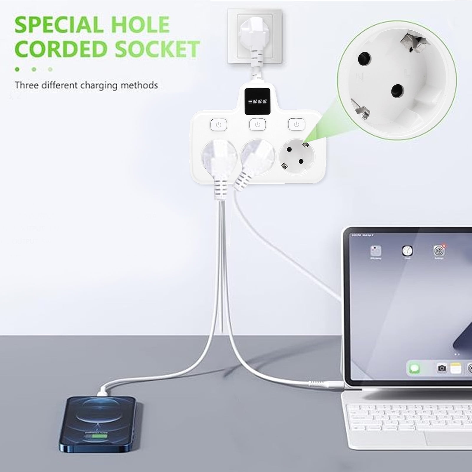 Suodoka 3-Way Power Socket Extender with Independent Switches, Multi-Outlet Adapter with 2 Prong EU Plug, 220V Grounding Electrical Outlet Receptacle for Home and Office, White