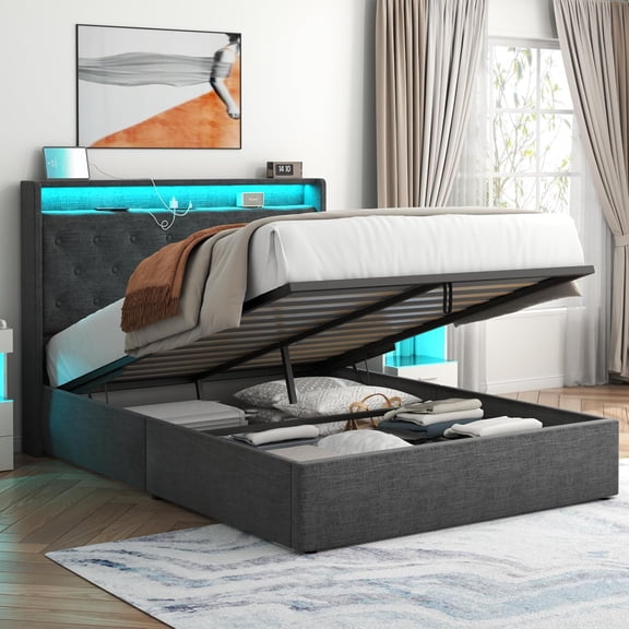 Full Size Lift Up Storage Bed Frame, Dark Grey Upholstered Button Tufted Wingback Bed with LED Headboard & USB Charging Station, Hydraulic Underbed Storage Platform Bed with Wood Slat Support