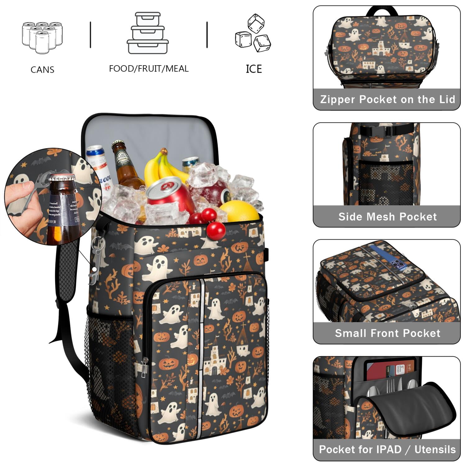 Travel Cooler Bag - Halloween Ghosts Pumpkins and Haunted Houses Camping Beer Cooler Backpack with Bottle Opener- Waterproof Insulated Picnic Backpacks - Cooler Bag for Beach