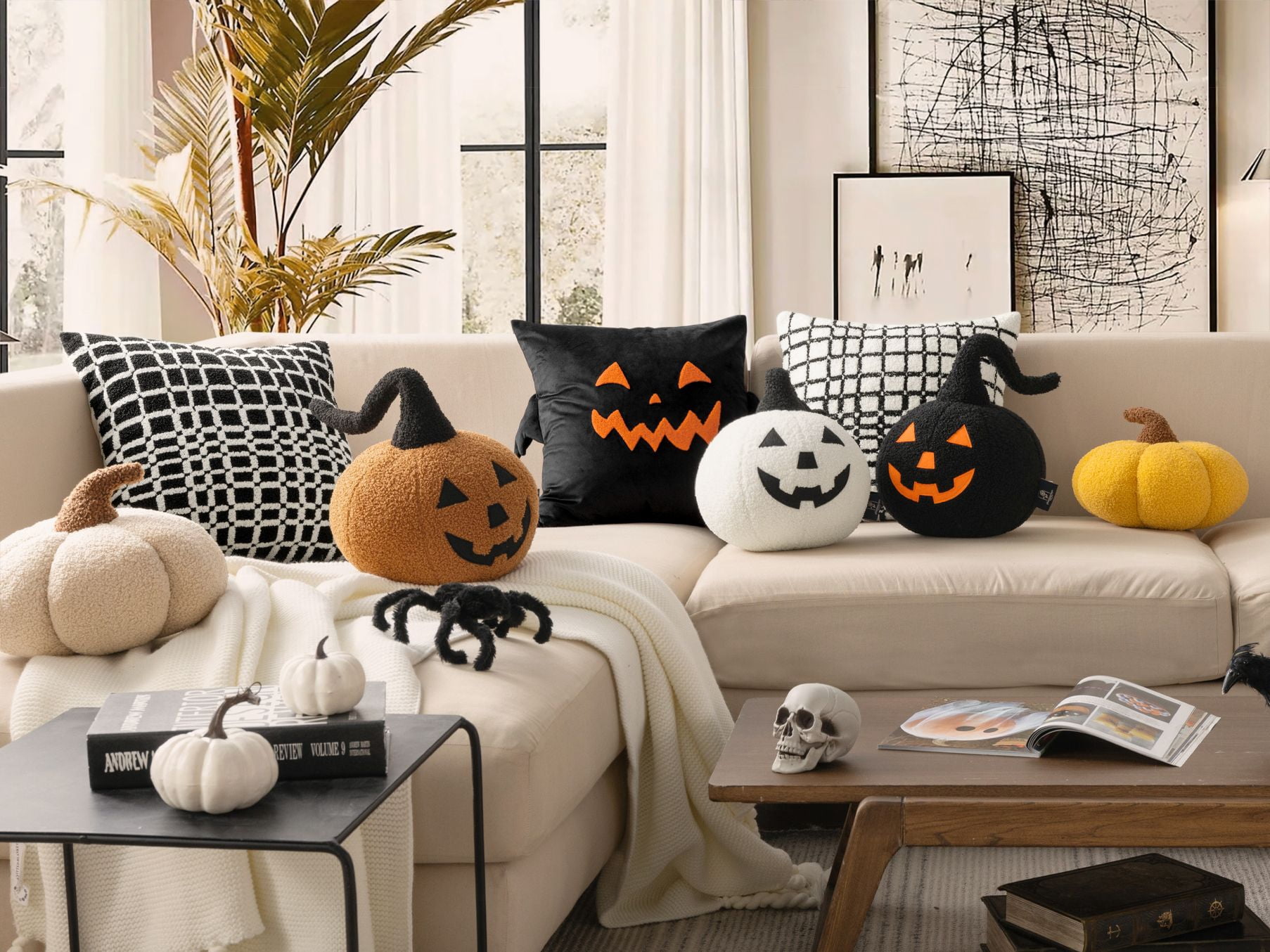 Phantoscope Halloween Pumpkin Shaped Throw Pillow, Jack-o’-Lantern Face, Soft Teddy Fleece Decorative Pillow, Off White, 9.5 x 9.5 in