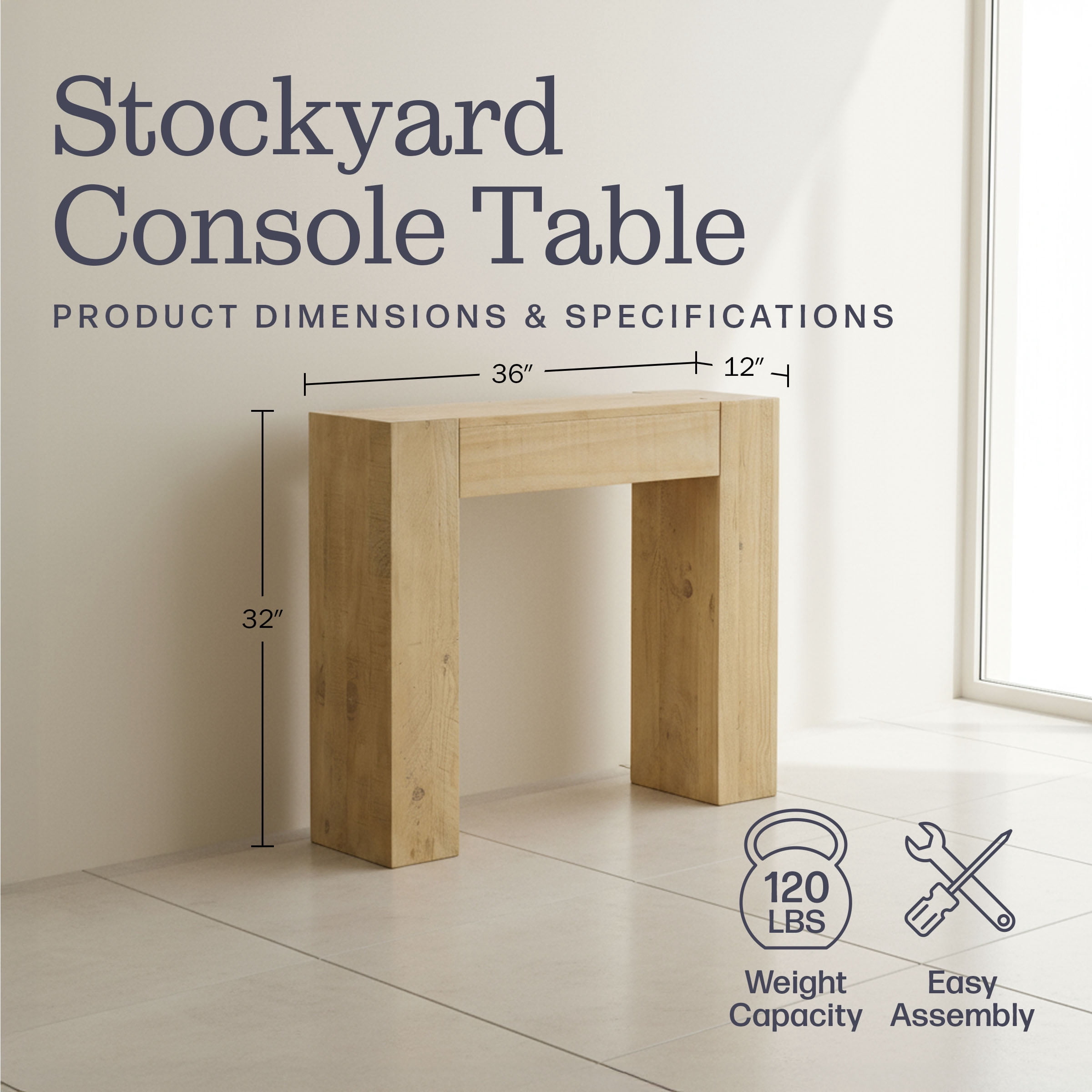Alaterre Furniture Stockyard Solid Wood Console Table - 36in Modern Farmhouse Entryway Table, Light Oak