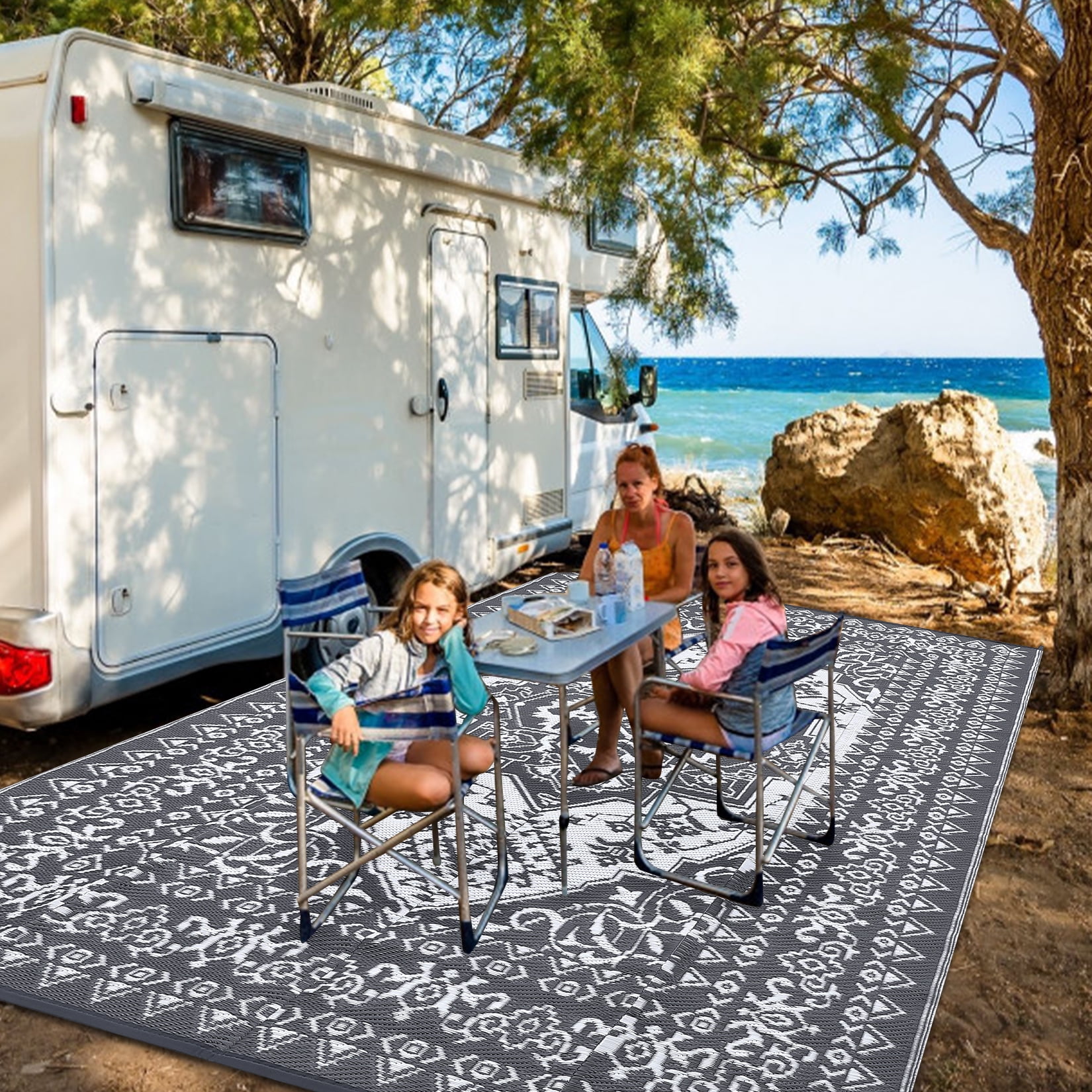 Haperlare 9x12ft Boho Outdoor Rugs Waterproof Reversible Plastic Straw Rug, Large Vintage Medallion RV Camping Carpet  for Deck, Picnic, Beach, Pool, Garden, Gray and White