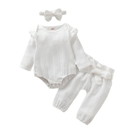 

Kucnuzki 12 Months Baby Girl Fall-Winter Outfits Pants Sets 18 Months Long Sleeve Solid Color Comfort Romper Tops Elastic Pants Headband 3PCS Set White