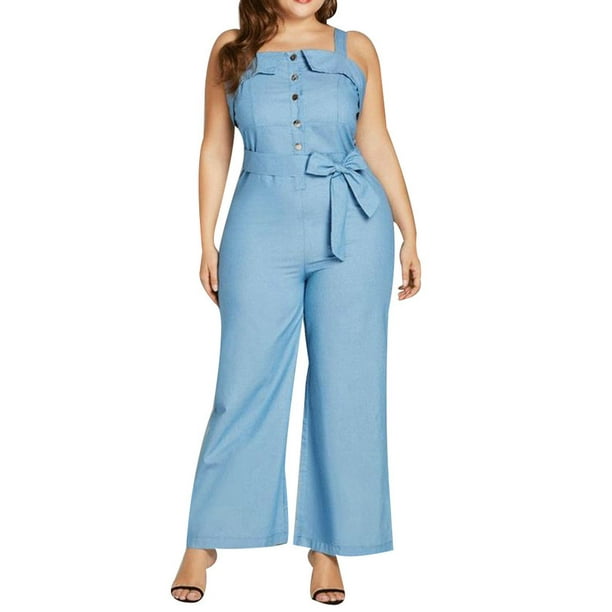 Scvgkk Women's Plus Size Cold Shoulder Sleeveless Denim Jumpsuit