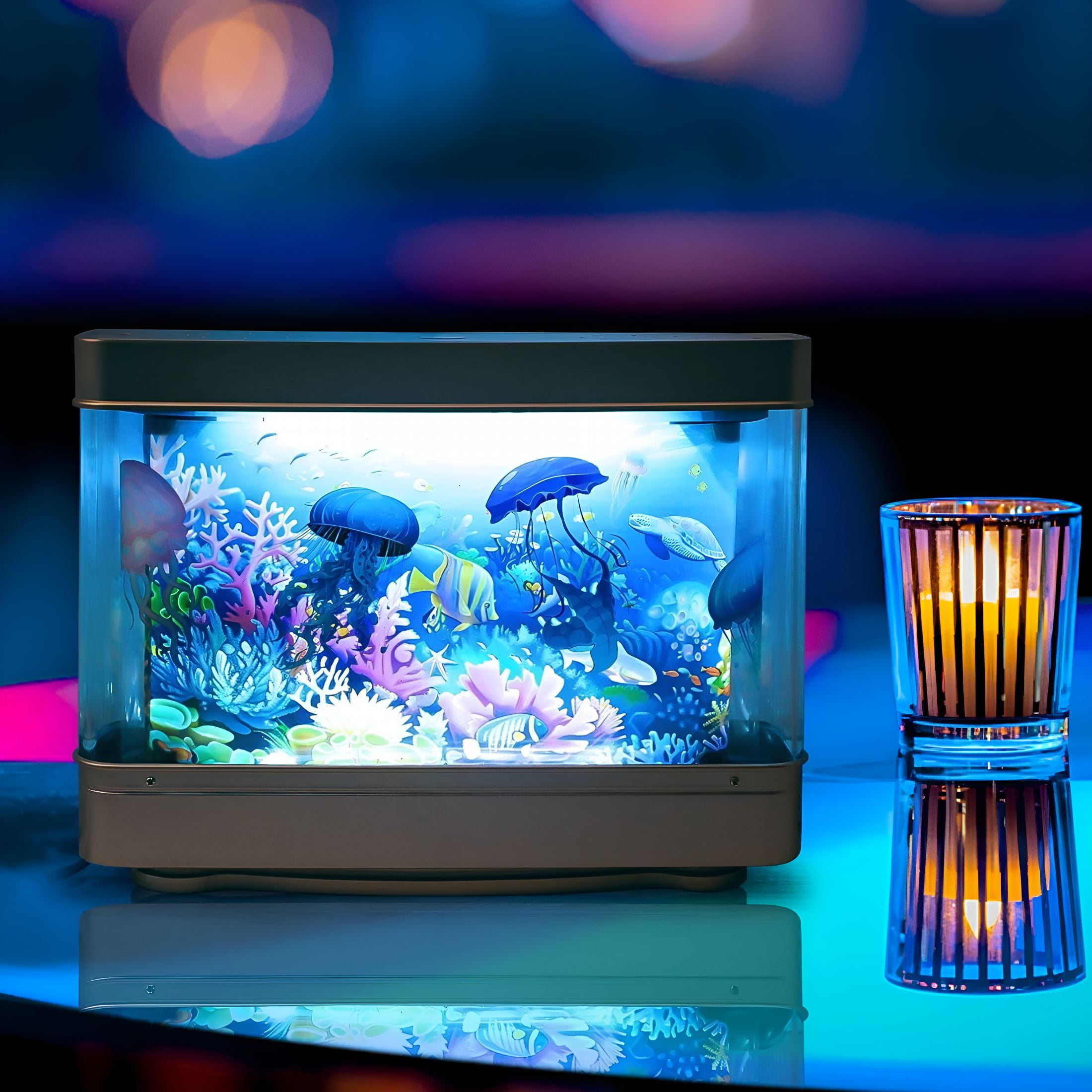 HIBIBUD Sensory Artificial Aquarium Lamp – LED Virtual Fake Fish Tank with Moving Marine Life Animation Ocean in Motion– Relaxing Ocean Scene Night Light for Kids and Adults