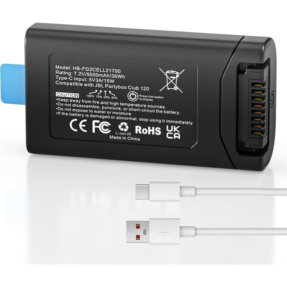 1 Pack 5000mAh Rechargeable Battery Replace for JBL Battery 200, Compatible with JBL Partybox Club 120 Bluetooth Speaker, Include Type-C Cable