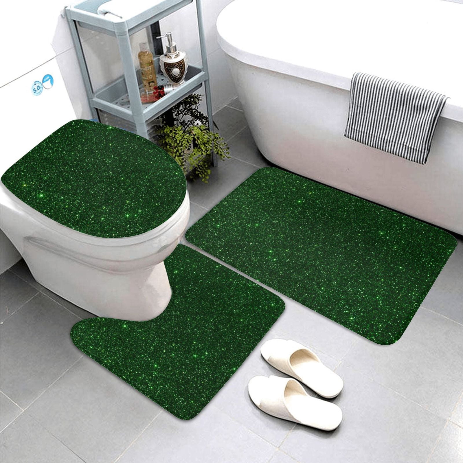 Bathroom Rugs Sets 3 Piece - Emerald Green Sparkling Absorbent Non Slip Bath Mats, U-Shape Toilet Lid Cover, Contour Mat, Soft Washable Shower Mats Bath Rug Mat for Bathroom Tub Toilet