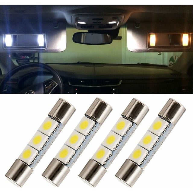 paquete de 4 bombillas led 5050 3smd blancas de repuesto para 3056 3057 ts-14v1cp 6000k 28 mm — cuatro fusibles LED D29 mm con 3 SMD visibles, contactos metálicos y cuerpo transparente; emiten blanco xenón 6000 K. Se muestran instaladas en plafones de automóvil y suelen usarse como reemplazo de viseras iluminadas.