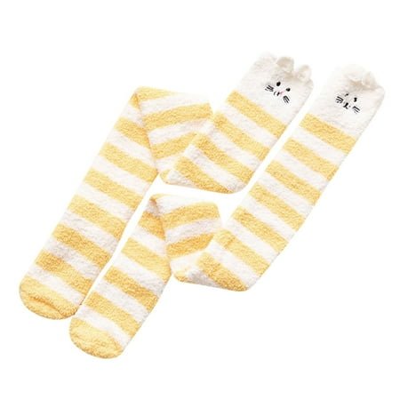 

Frehsky striped socks Womwn Coral Socks Over The Knee Thicken Warm Sleeping Towel Striped Socks Yellow