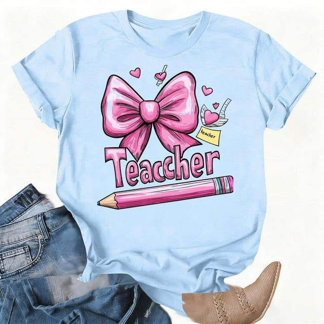 Xuyuer Women Graphic Print Round Neck Short Sleeve T-Shirt, Summer T-Shirt For School Season