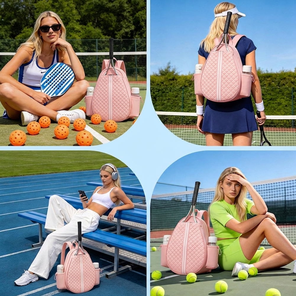 HUISZJ Tennis Bag, Water Resistant Quilted Tennis Sling Backpack with Water Bottle Holder, 16.54x12.6x1.85 inch Badminton Racket Bag for Women Men (Pink)